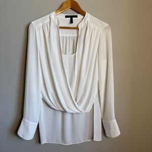 BCBGMAXAZRIA Blouse Top Drape Front Long Sleeve White Small Career‎ Chic Formal
